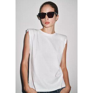 Zara NWT Sleeveless White T-shirt with Shoulder Pads Structured 100% Cotton Top
